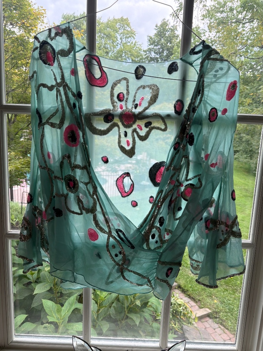 Small silk beaded flutter sleeve blouse